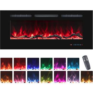 48'' Electric Fireplaces Inserts, Recessed & Wall-Mounted Fireplace Heater with Thermostat, Multicolor Flames,Timer, Log & Crystal, 750/1500W, Black