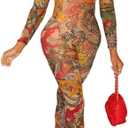 Wuitrie Sexy Mesh One Piece Jumpsuits for Women Long Sleeve See Through Printing Jumpsuit Tummy Control (Small, Red)