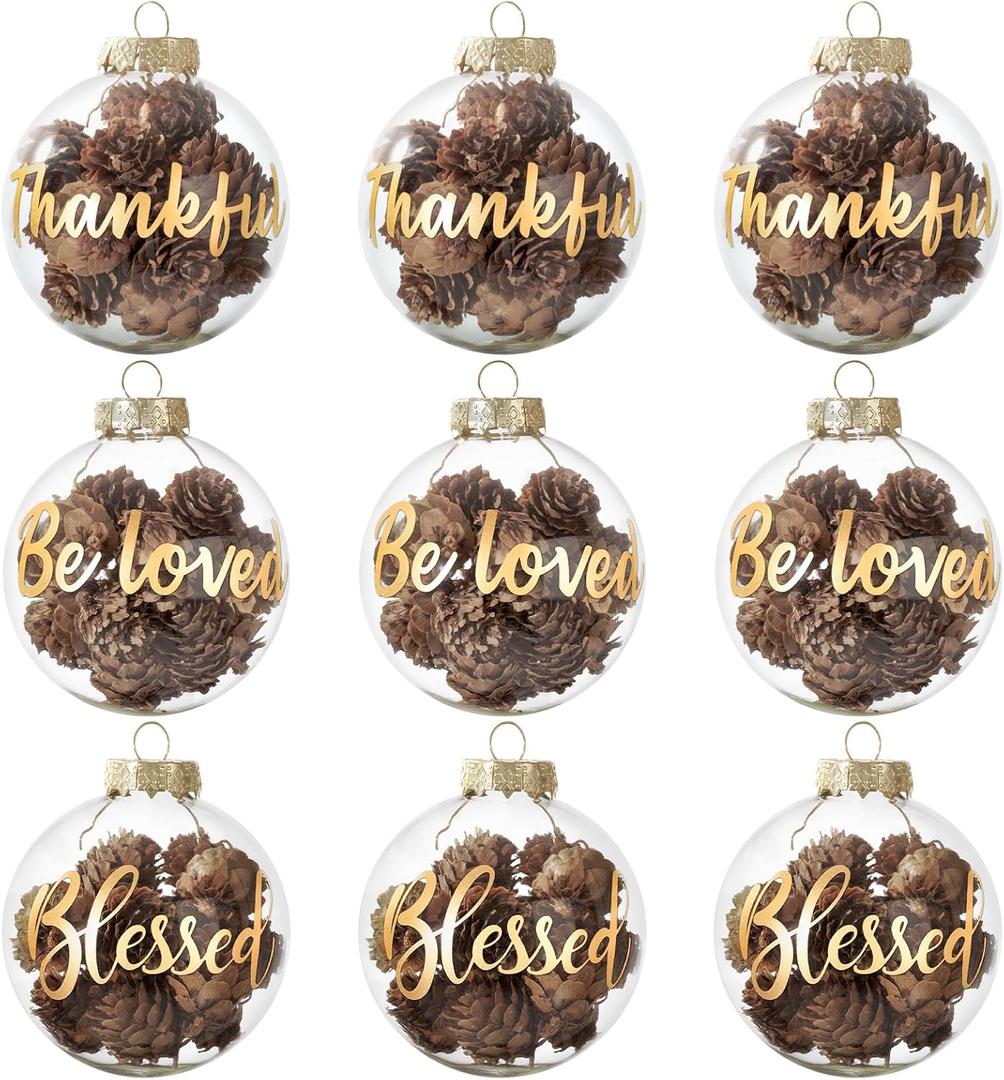 DN DECONATION Christmas Decor Tree Ornaments, 3.15" Glass Hanging Balls with Nature Pinecones for Farmhouse Rustic Fall Autumn Thanksgiving Christmas Decorations Indoor Home Decor (Gold and Blown12pcs)