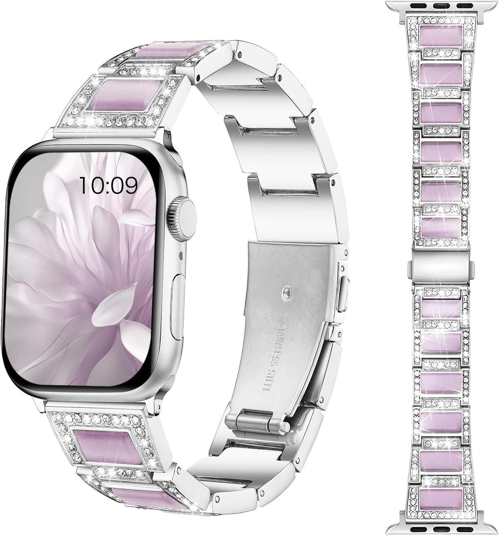 Dressy Silver iWatch Bands for Women - Compatible with Apple Watch Series 10-1/SE/Ultra, Fits 38mm 40mm 41mm 42mm 44mm 46mm - Luxury Designer Bracelet, Bling Jewelry Strap, Silver Purple 