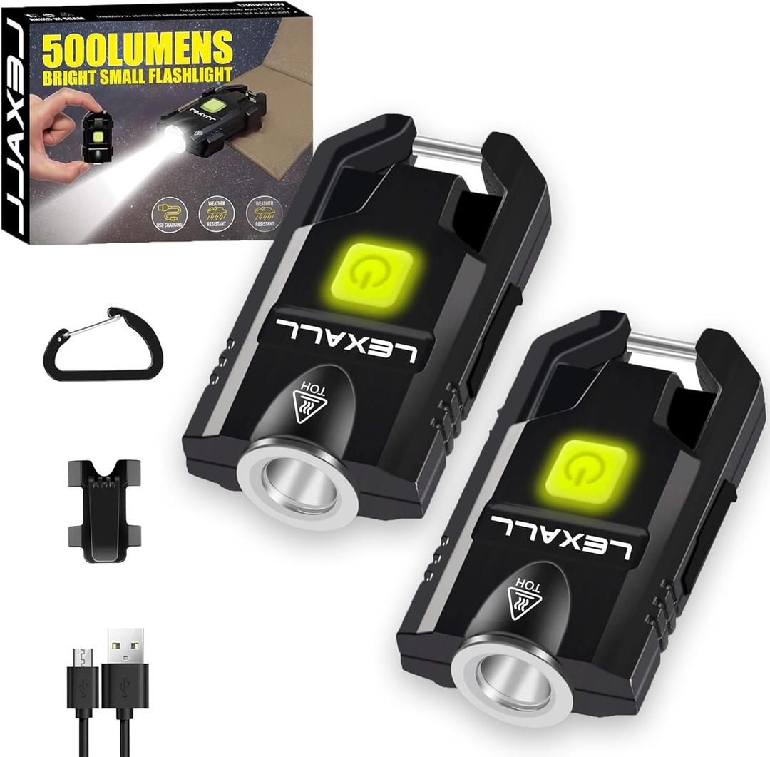 LED Small Flashlight, 500Lumens Bright Mini Keychain Light, Portable USB Rechargeable Pocket Lights with 3 Modes Compact Baseball Cap Lights Indoor and Outdoor for Walking,Searching and Hiking（2 Pack）