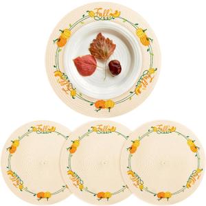 Fall Placemats Set of 4 Fall Thanksgiving Autumn Table Decorations Indoor Farmhouse Harvest Pumpkins Round Table Mats for Party Kitchen Dinning (Set of 4)