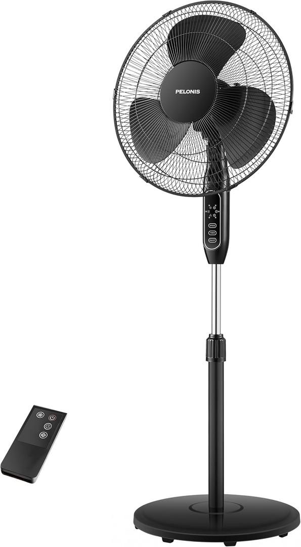 PELONIS 16'' Pedestal Fan for Bedoom with Remote, Upgraded, Standing Fan with 7-Hour Timer, 90 Oscillation, 3-Speeds, Adjustable Height, Electric Cooling Fans for Living Room and Office, 16-inch AC Motor