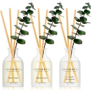 COCORRNA Eucalyptus Reed Diffuser Set of 3 - Lavender Eucalyptus, Black Forest, Clean Cotton Scents, 1.7 fl oz Each, Total 5.1 oz, Scented Oil Diffusers for Home & Office