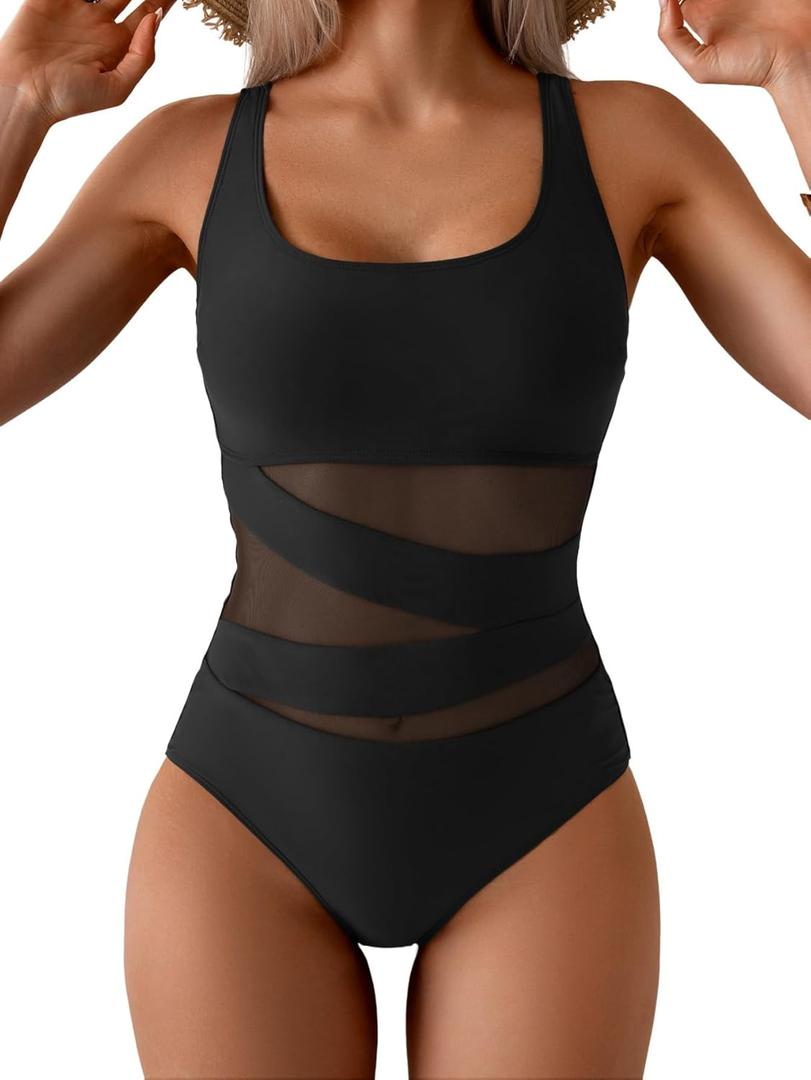B2prity Women's Mesh One Piece Swimsuit Tummy Control Sexy Bathing Suit Push Up Swim Suit Slimming Swimwear (Black)