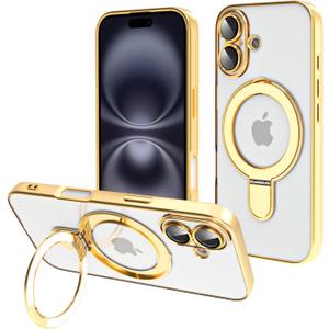 Tnarru Designed for iPhone 16 Case with Stand [Magnetic Ring Holder] [Built-in Camera Lens Protector] Slim Anti-Scratch Non-Yellowing for iPhone 16 Clear Case Gold