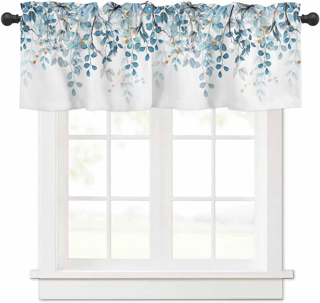 Blue Eucalyptus Leaves Curtain Valance for Windows Watercolor Window Treatments 1 Panel Short Curtains for Kitchen Windows Bathroom Bedroom,42 x 12 Inch