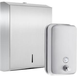 2 Pcs Washroom Solution Set Include 1 Stainless Steel Soap Dispenser Wall Mount and 1 Paper Towel Dispenser with Lock Manual Liquid Pump Rust Proof Leak Free for Commercial Home Bathroom