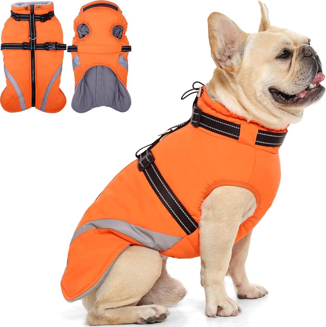 QBLEEV Dog Coat for Medium Dogs, Waterproof Dog Winter Coat with Built-in Harness and D-Ring, Zip Up Pet Cold Weather Coats with Fleece Lined, Warm Snowsuit Gear Vest for Pug Boston Terrier, Orange, Medium