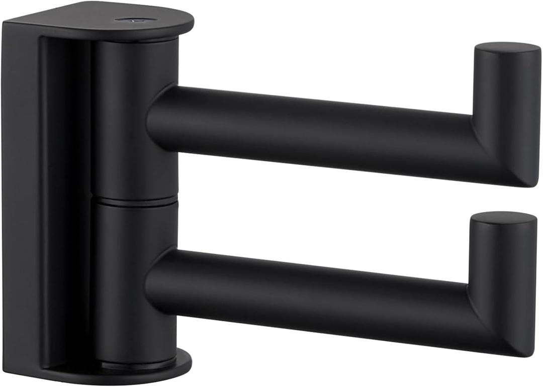 APLusee Swivel Towel Hook 2 Arms Matte Black, 304 Stainless Steel Bathroom Double Towel Holder, Folding Robe Hook Wall Mounted