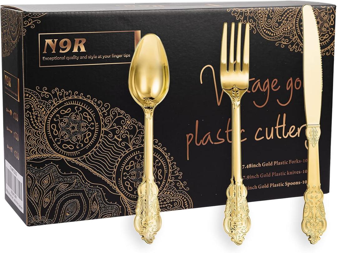 N9R 300pcs Gold Plastic Silverware Dinnerware Flatware- Heavyweight Plastic Cutlery Set, 100 Forks, 100 Spoons, 100 Knives, Gold Utensils for Party, Thanksgiving, Christmas