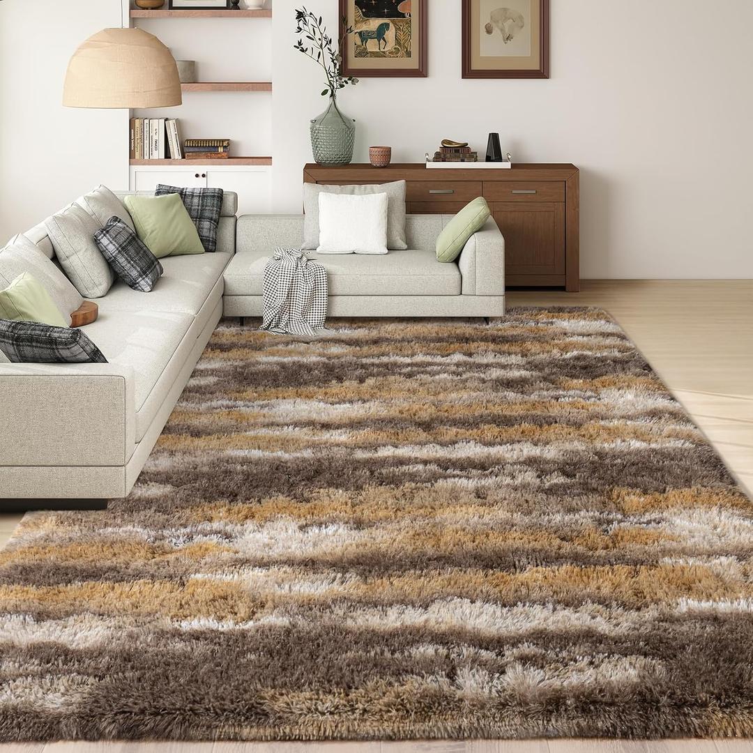 Shag Rugs for Living Room 8x10, Ultra Soft Abstract Brown Big Fuzzy Rugs for Bedroom, 8 x 10 Fluffy Shaggy Plush Carpet Girls Kids Room Dorm Upgrade Non-Slip