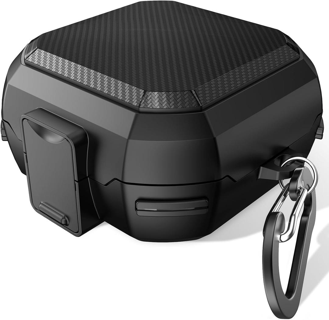 Compatible with Powerbeats Pro Case Cover, Military Carbon Fiber Powerbeat Pro Case, Four-Corner Wrapping and Safety Lock 360 Protect Your Powerbeats Pro with Keychain, Black (Black)