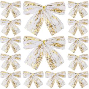Soulchen 12 Pcs White and Gold Christmas Bows 6 Inch Ivory Faux Fur Wired Ribbon Bows for Christmas Tree Decoration, Garlands and Wreaths, Gift Wrapping, DIY Crafts, Home Decor