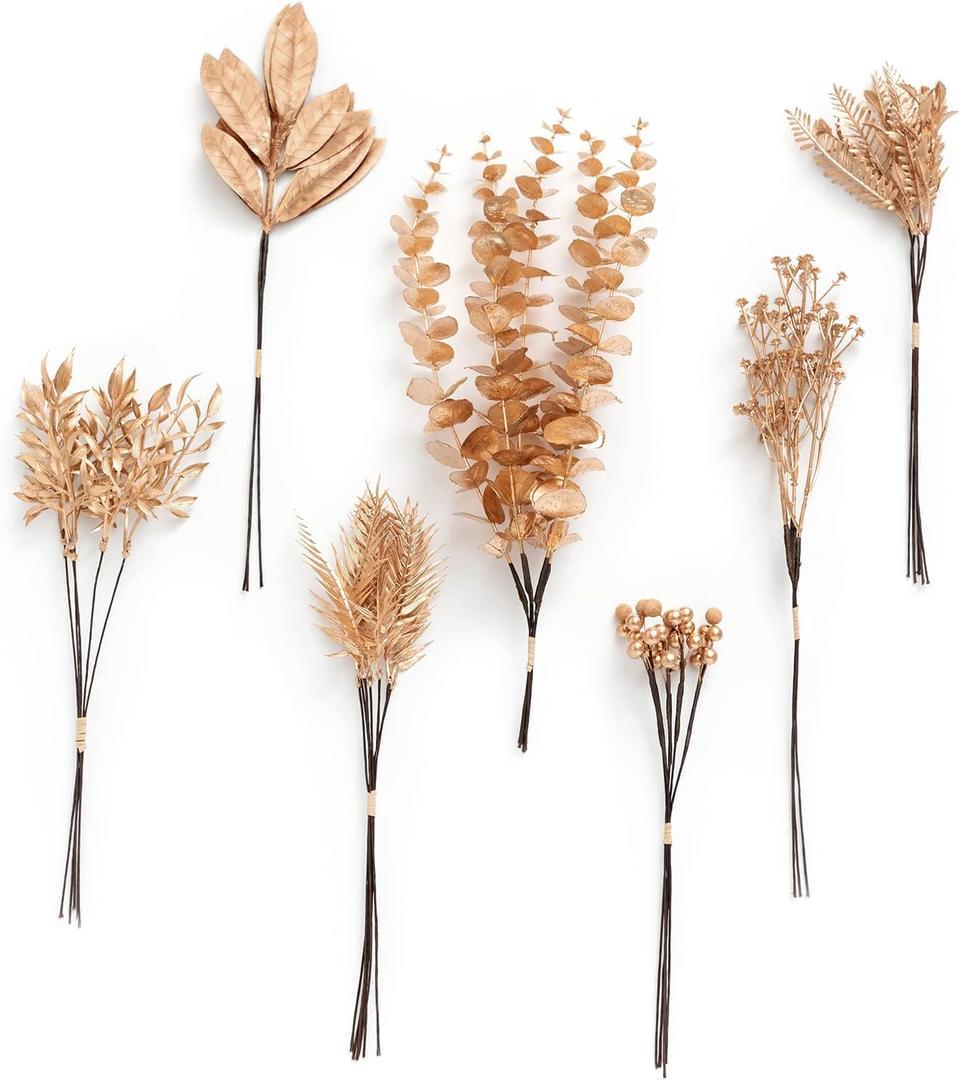Ling's moment Artificial Golden Branches Box Set, 33pcs with 7 Kinds of Faux Greenery Picks for DIY Bridal Bouquets Wedding Floral Arrangement Table Centerpieces, Golden