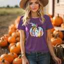 Women's Halloween Tops, Pumpkin Head Graphic Tees with Subtle Ghost Accents for Spooky Season Casual Wear (Purple, XL)