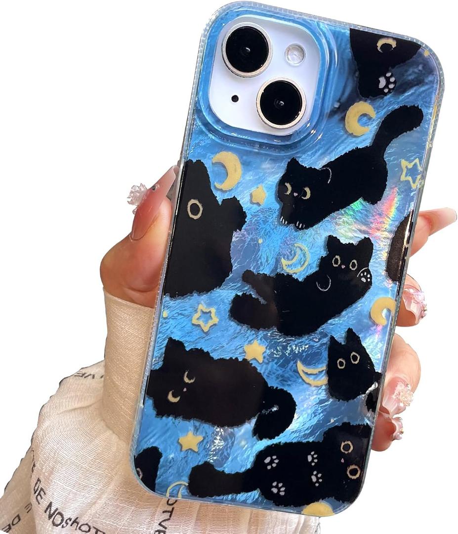 Compact Case for iPhone 14 Plus Black cat Design,Cute Trendy Soft Slim TPU Shockproof Protective Bumper Phone Cases Cover for Women Girls Aesthetic Glitter Shiny Adorable