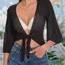 Women's Short Cardigan Bolero Shrug Sheer Tie Front Top 3/4 Sleeve Jacket for Dress 2026 (Black, S)