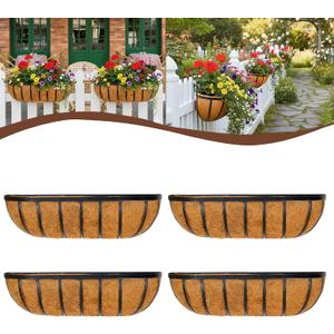 4 Pcs 24 Railing Planter Window Box Deck Railing Planter Boxes with Coco Liner English Horse Trough Planter Metal Wall-Mounted Planters Basket for Outdoor Balcony Porch Fence Patio Rail