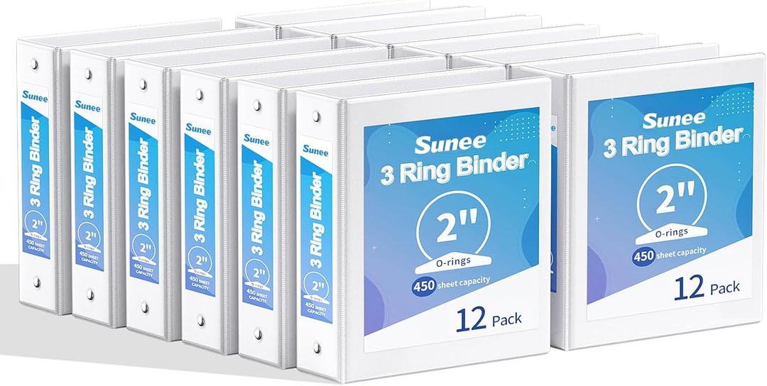 SUNEE 2 Inch Binders 3 Ring 12 Pack Bulk, PVC-Free Clear View 2" Binders (Fits 8.5x11 Inches) for School, Office & Home Use, White