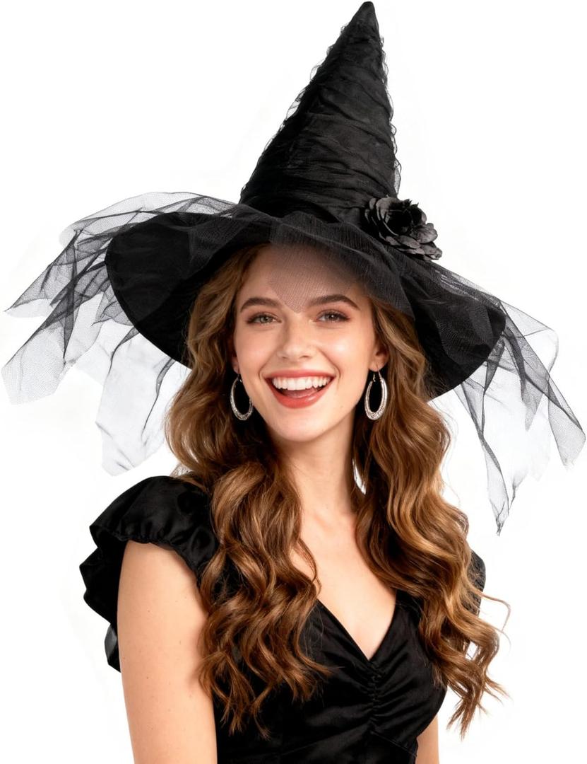 Witch Hat for Women Halloween Lace Wizard Hat Party Hats Black Mesh Veil Wizard Women's Costume Accessory for Adults Fancy Dress Halloween Accessories