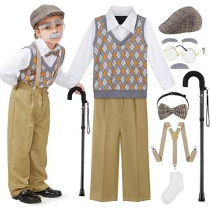9 Pcs 100 Days of School Costume for Boys Old Man Costume for Kids Grandpa Dress Up Outfits Set (8-10Years, Khaki Plaid With Camel)