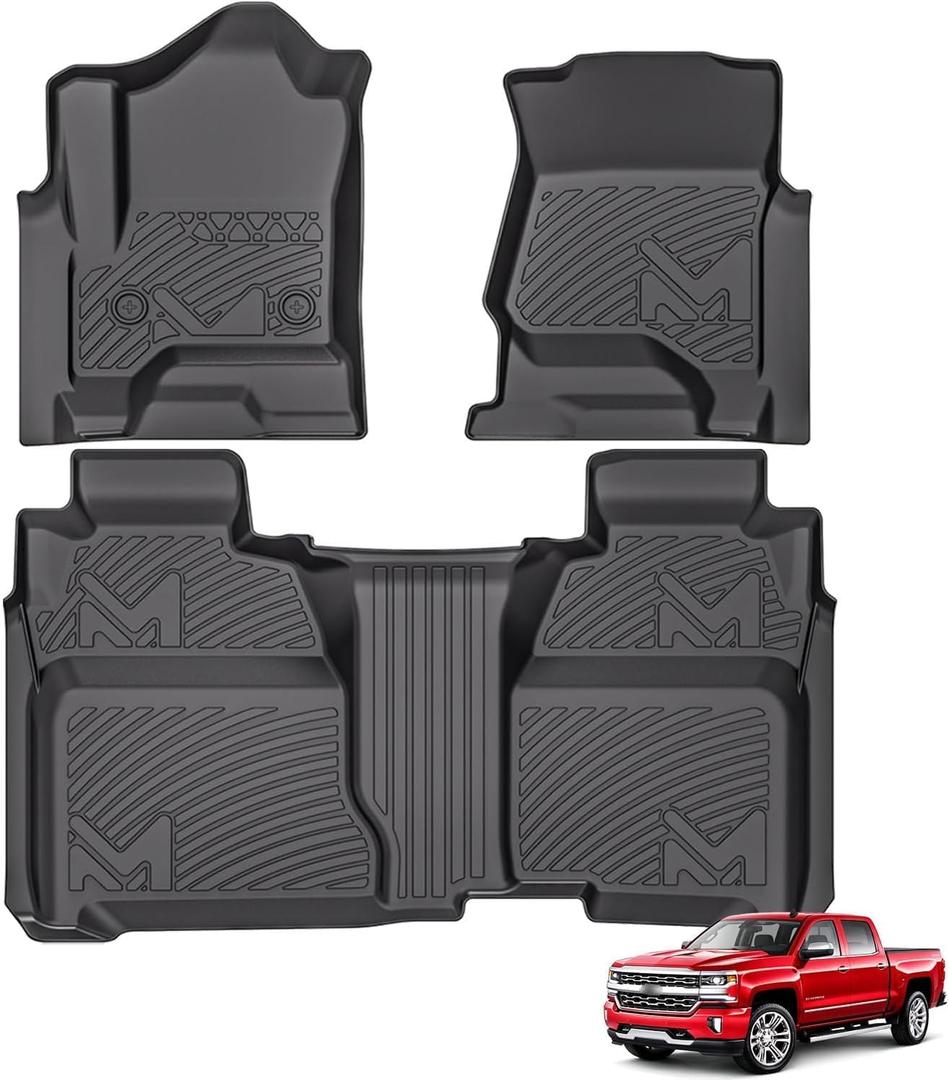 Floor Mats for 2014-2018 Chevy Silverado/GMC Sierra 1500 Crew Cab, 15-19 Silverado/Sierra 2500HD 3500HD, TPE Automotive All Weather Cover Protection Waterproof Black Floor Liner Front & Rear Row