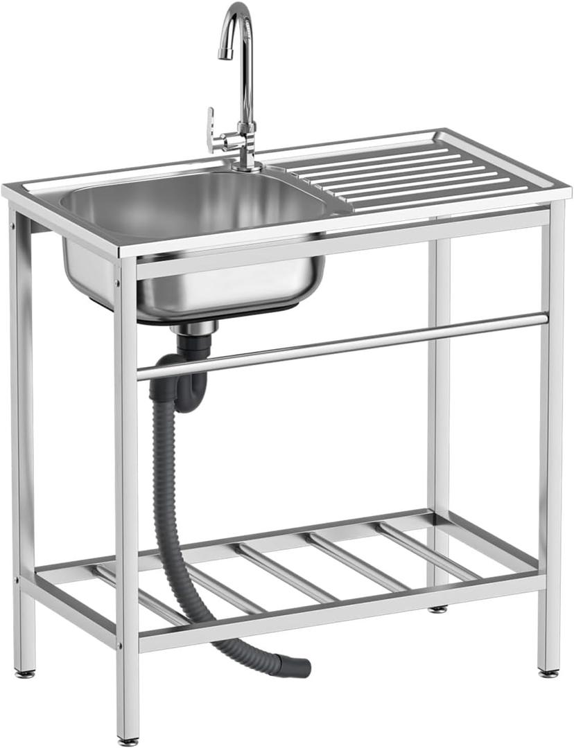 Free Standing Utility Sink, Outdoor Stainless Steel Laundry Tub, Portable Single Bowl Washing Hand Basin Station with Workbench, Fish Cleaning Table &Storage Shelves for Garage, Kitchen,Camping, 29.5*15.7*31.4in