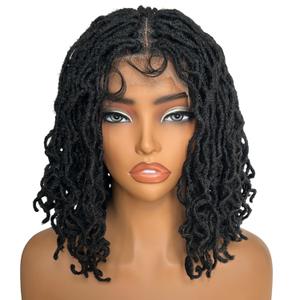 SOKU Short Curly Faux Locs Lace Frontal Wig 12 Inch Natural Black 4x4 Large Parting Space Twist Dreadlock Wigs for Black Women Afro Curly Braided Synthetic Wig
