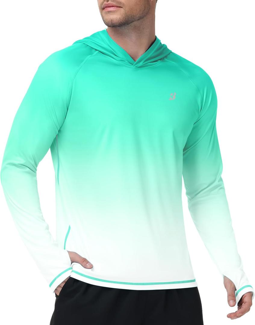 Roadbox Men's UPF 50+ Sun Hoodie, UV Hooded Long Sleeve Fishing Shirts, Lightweight SPF Rash Guard for Outdoor Hiking Swim (Green, XL)