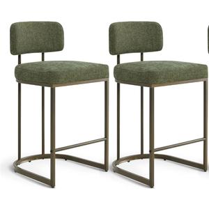 26" H Counter Height Bar Stools Set of 2, Modern Linen Fabric Upholstered Barstools with Backrest for Kitchen Island, Gold Metal Frames, Green