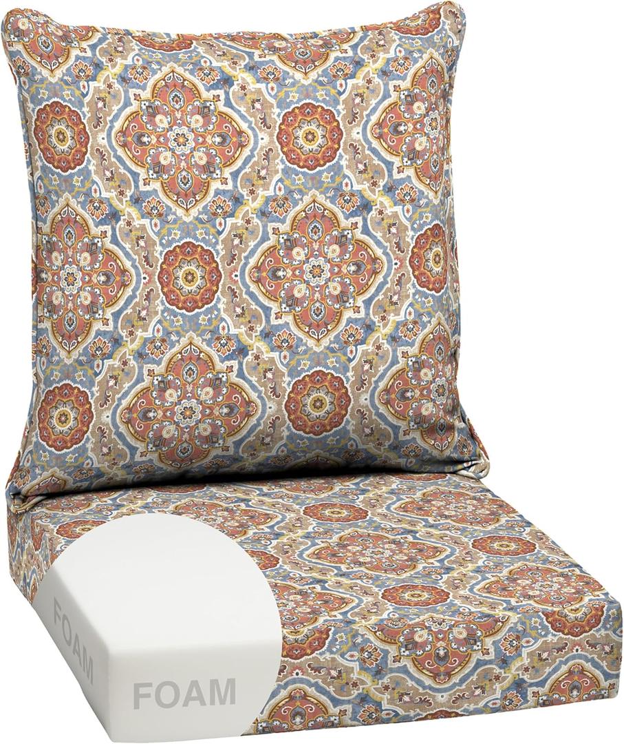 Arden Outdoor Foam Deep Seat Cushion Set, 24 in x 24 in, Weather-Proof, Rain-Proof, Fade Resistant Patio Cushion, Bottom and Back Cushion for Chair, Sofa, and Couch Global Vintage Medallion