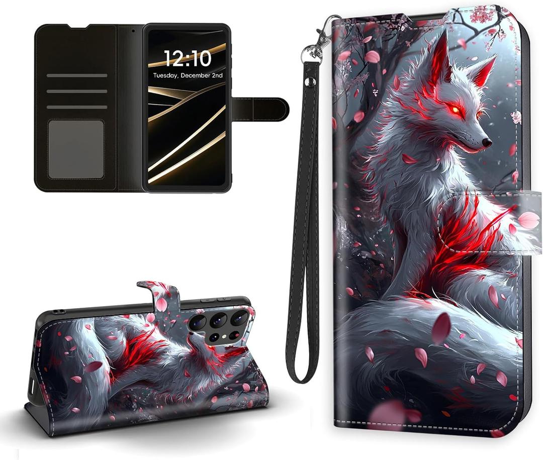 FQSXFIFN Wallet Case for Samsung Galaxy S25 Ultra with Hand Strap, PU Leather Magnetic Closure Folio for Galaxy S25 Ultra Case with Kickstand & Card Holder, Glowing Fox Design Protective Phone Cover