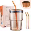 Iced Coffee Cup, 15 oz Glass Cups With Lids And Straws, Iced Coffee Glasses Tumbler, Thick Wall Mug For Tea Water With 2 Straws And Leather Sleeve, Glass Tumbler Gifts (Amber)