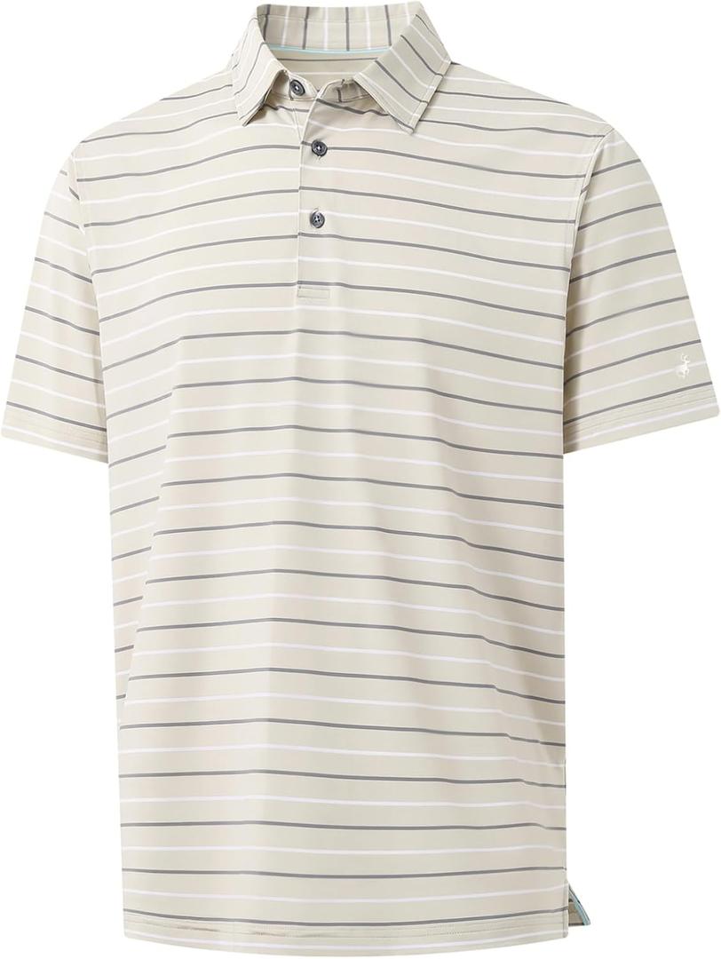 Rouen Mens Golf Shirt Moisture Wicking Dry Fit Performance Stripe Casual Collared Short Sleeve Golf Polo Shirts for Men (3X-Large, Light Khaki Stripe)