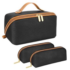 ALEXTINA Travel Makeup Bag Organizer 3 Pcs Makeup Bags for Women Large Capacity Cosmetic Makeup Organizer with Collapsible Handle Waterproof Vegan Leather Toiletry Bag Set