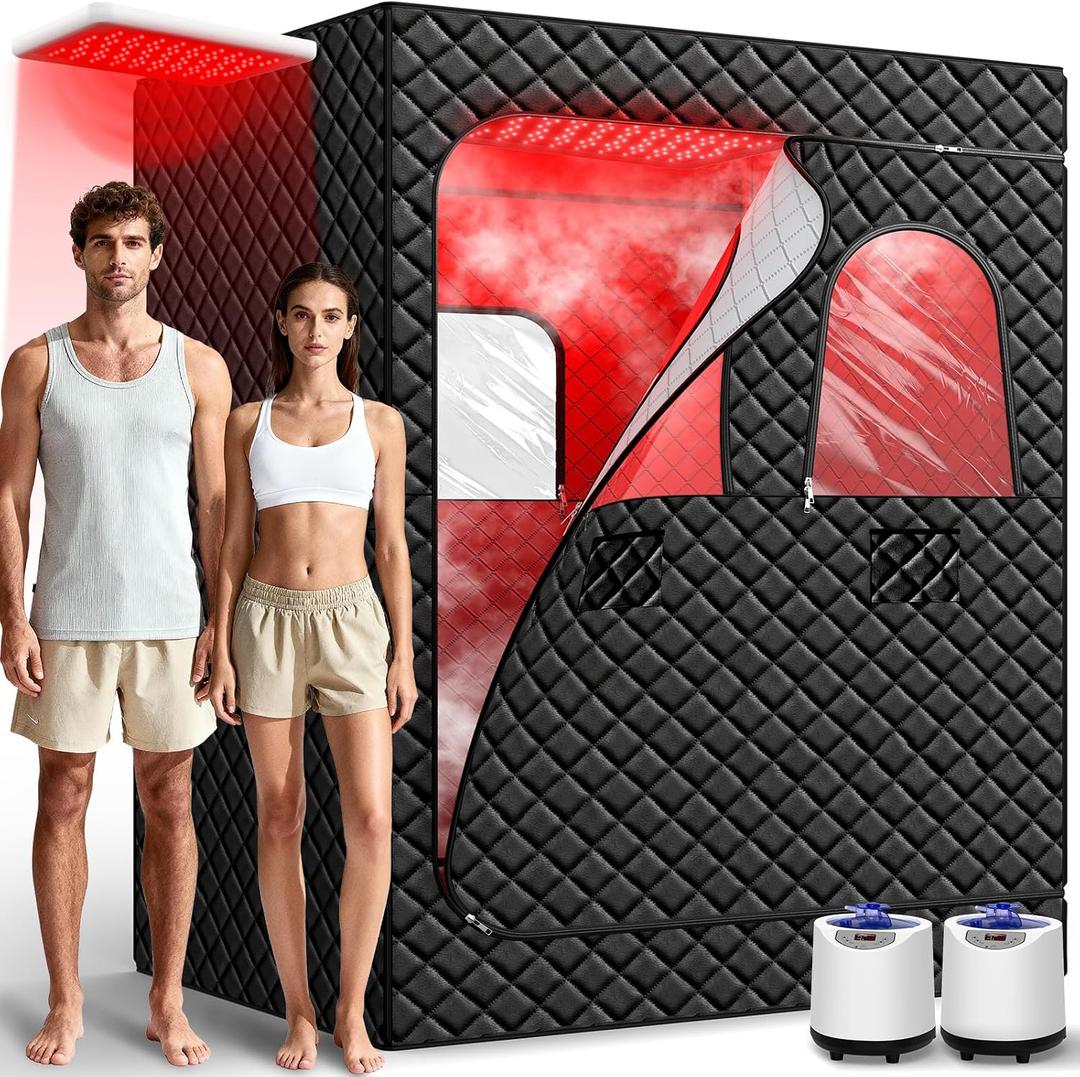 I-THERA-U iTHERAU 2 Person Infrared Sauna Box for Home, Portable Steam Sauna Room with 660nm＆850nm Red Light Therapy Lamp, 5-Layer Waterproof, 2 Steamers, 2 Folding Chair