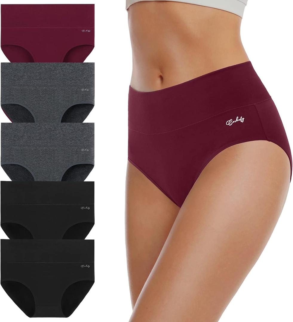 coskefy Women's High Waisted Cotton Underwear Soft Breathable Panties Stretch Briefs Ladies Panties 5 Pack (Large, 2black+2grey+1wine Red)
