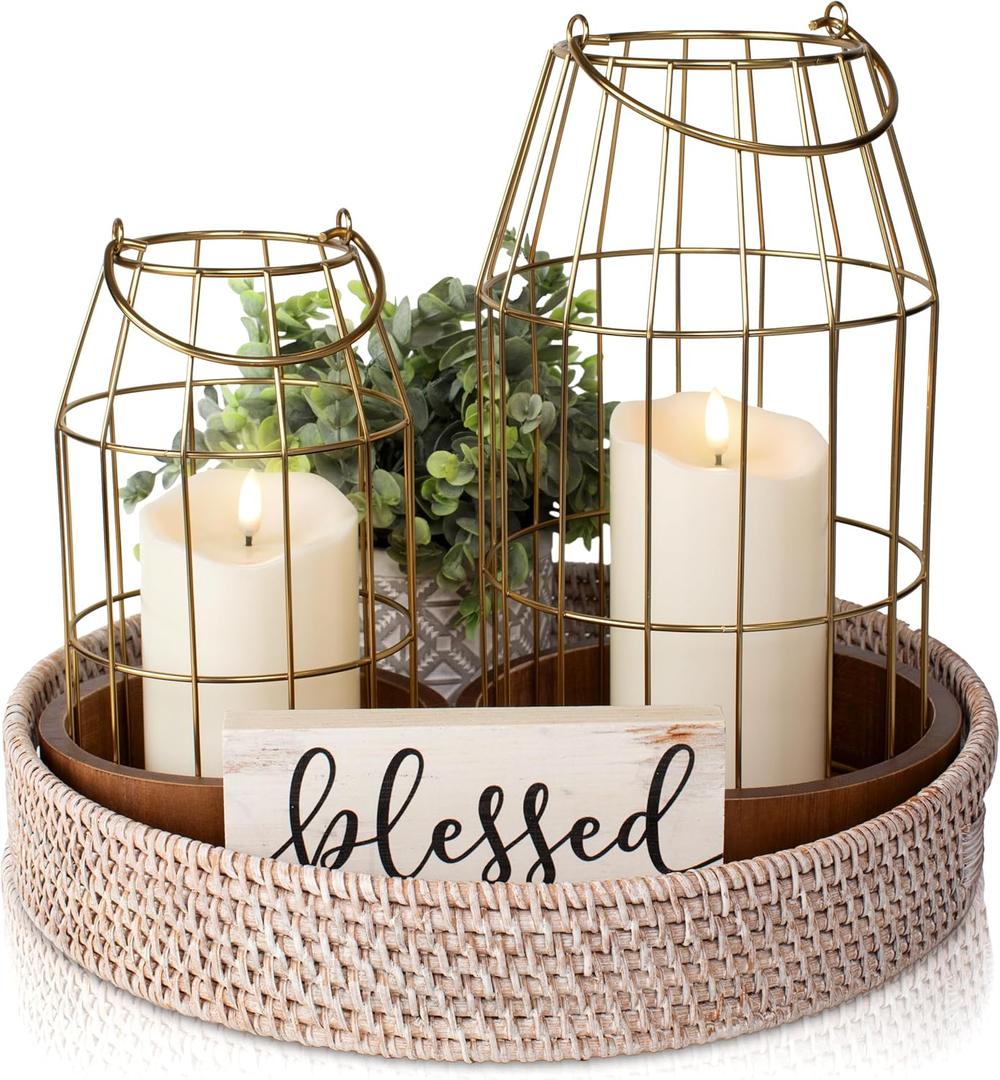 Rustic Farmhouse Lantern Decor Set of 2 - Stylish Decorative Lanterns for Your Living Room, Fireplace Mantle or Kitchen Dining Table - Modern Indoor/Outdoor Coffee Table Decor for Your Entire Home (Brass)