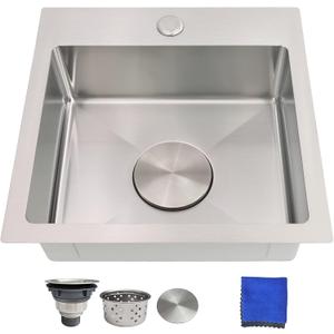 15 Inch Bar Sink Drop In - Delironexu 18 Gauge Stainless Steel Small Kitchen Sink, 15"x15" Single Bowl Square Wet Bar with Brushed Finish for Outdoor, RV, and Prep Use, 15x15x5.5 Single Bowl Topmount