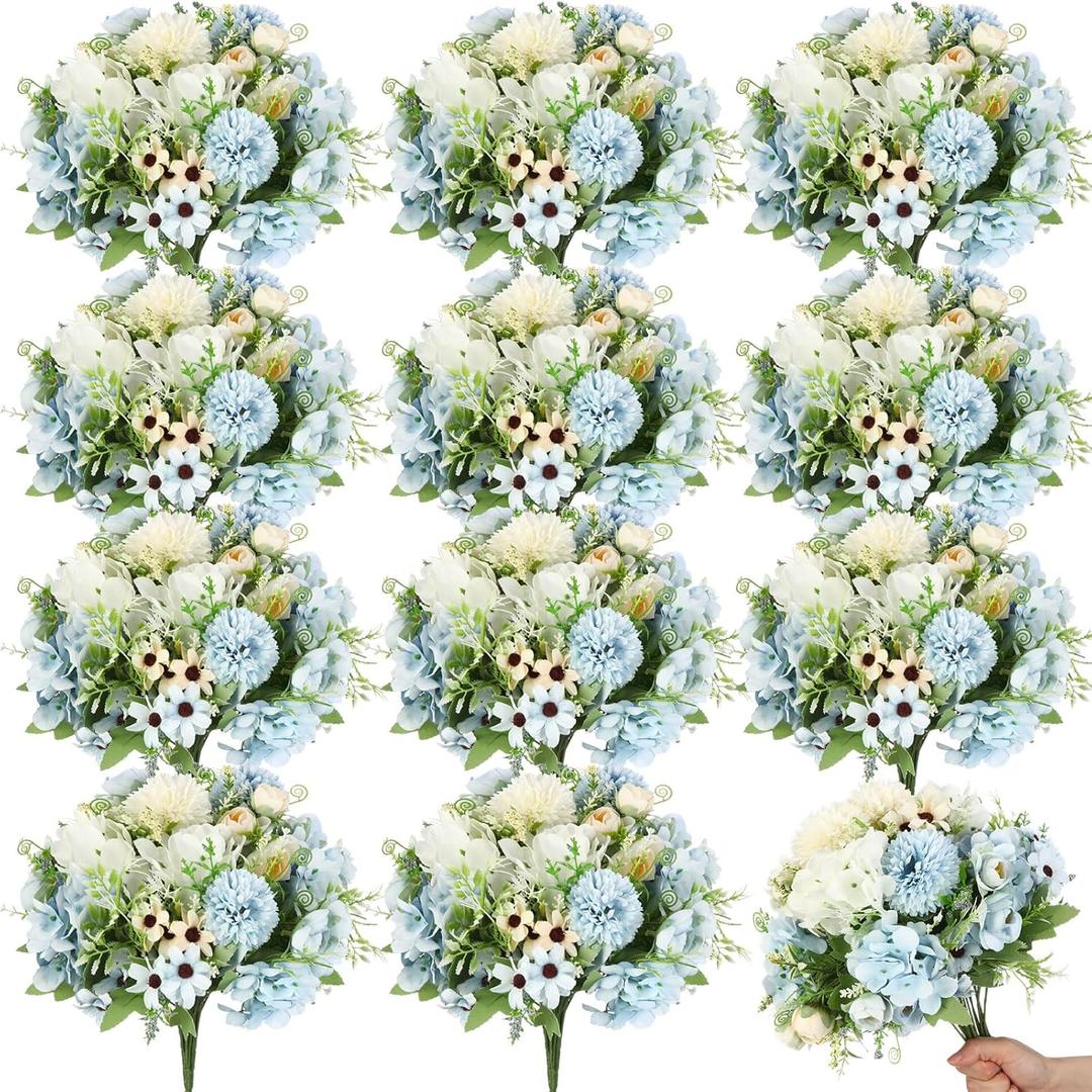 Tigeen 12 Bundles Peonies Artificial Flowers Faux Roses Silk Flowers Hydrangea Artificial Bouquet for Wedding Table Centerpiece Floral Vase Home Office Bridal Decor (Champagne White,Blue)