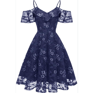 IWEMEK Women Spaghetti Strap Floral Lace Bridesmaid Cocktail Party Dress Cold Shoulder Ruffle Sleeve Wedding Guest Prom Dress Size M