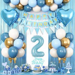 2nd Birthday Decorations Blue White Gold, 25pcs Balloons, Banner, Fringe Curtain, Heart Foil Balloons, Cake Topper, Boys Girls 2 Year Old Birthday Decor