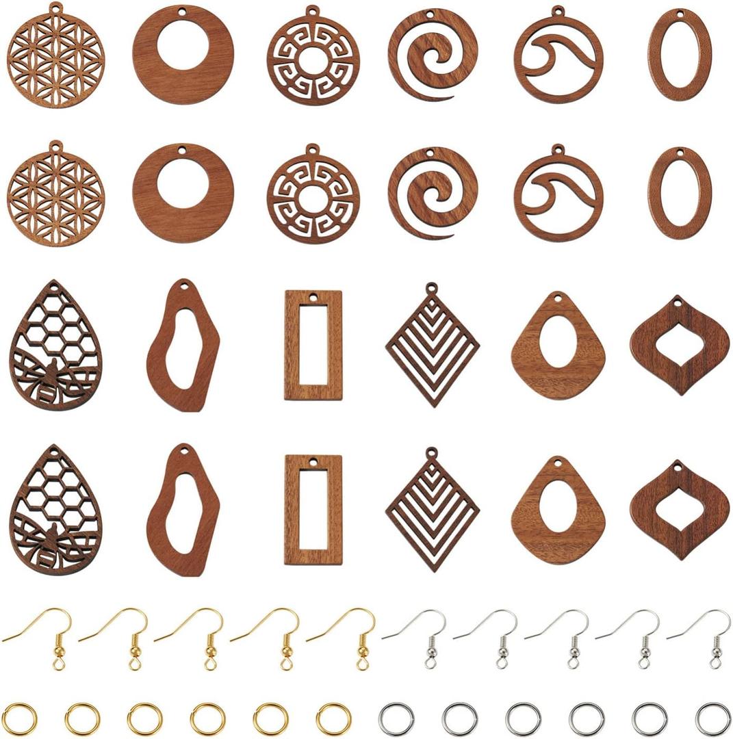 PH PandaHall Pandahall 24Pcs Natural Filigree Wood Earring Charms Flat Round Teardrop Wooden with 120pcs Hooks & Jump Rings Findings for DIY Women Boho Earrings Making 1 Box