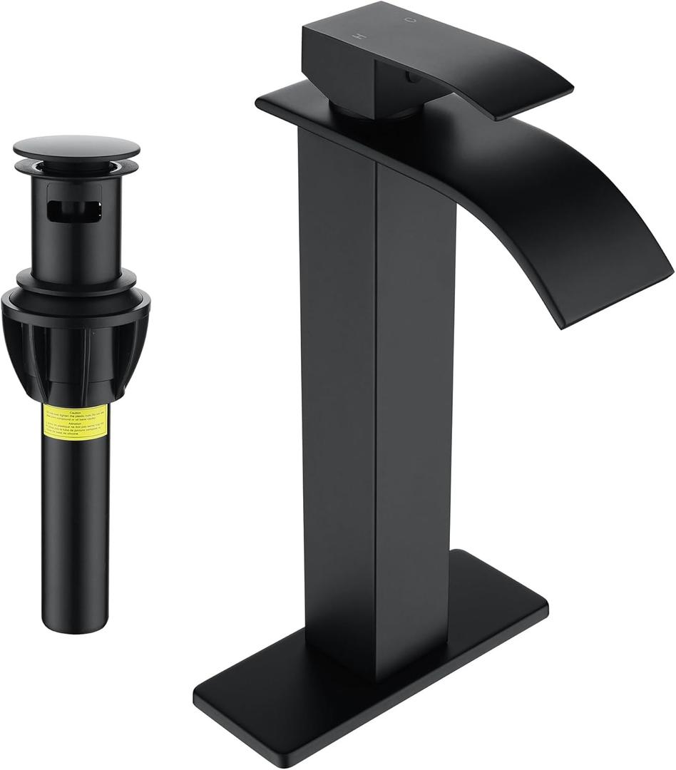 Fransiton Tall Vessel Sink Faucet Matte Black Faucet for Bathroom Sink Tall Waterfall Bathroom Faucet Single Handle 1 or 3 Hole Wash with Pop-up Drain