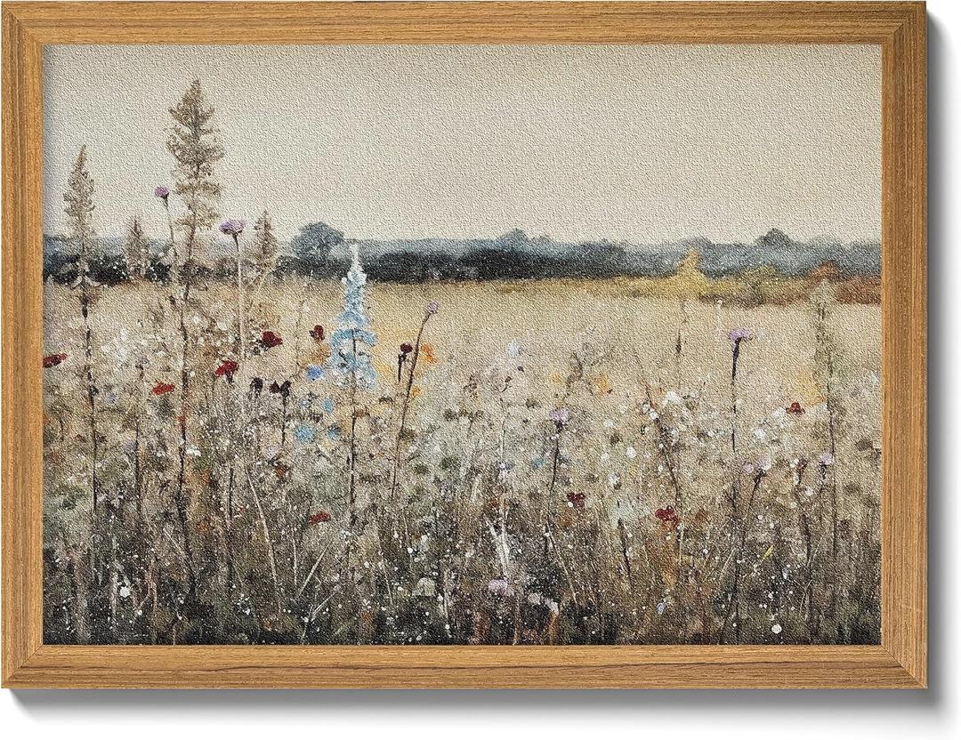 Vintage Landscape Wall Art, 3D Textured Nature Rustic Farmhouse Wall Decor Painting, Hand Drawn Sandstone Country Wildflowers Artwork Picture for Living Room Bedroom 12x16 Inch Framed