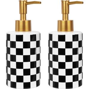 2 Pack Ceramic Soap Dispenser, 10oz Modern Checkerboard Hand Soap Dispenser Set for Bathroom Countertop, Kitchen Sink, Refillable Pump Bottle with Rust-Proof Gold Head (Black & White)