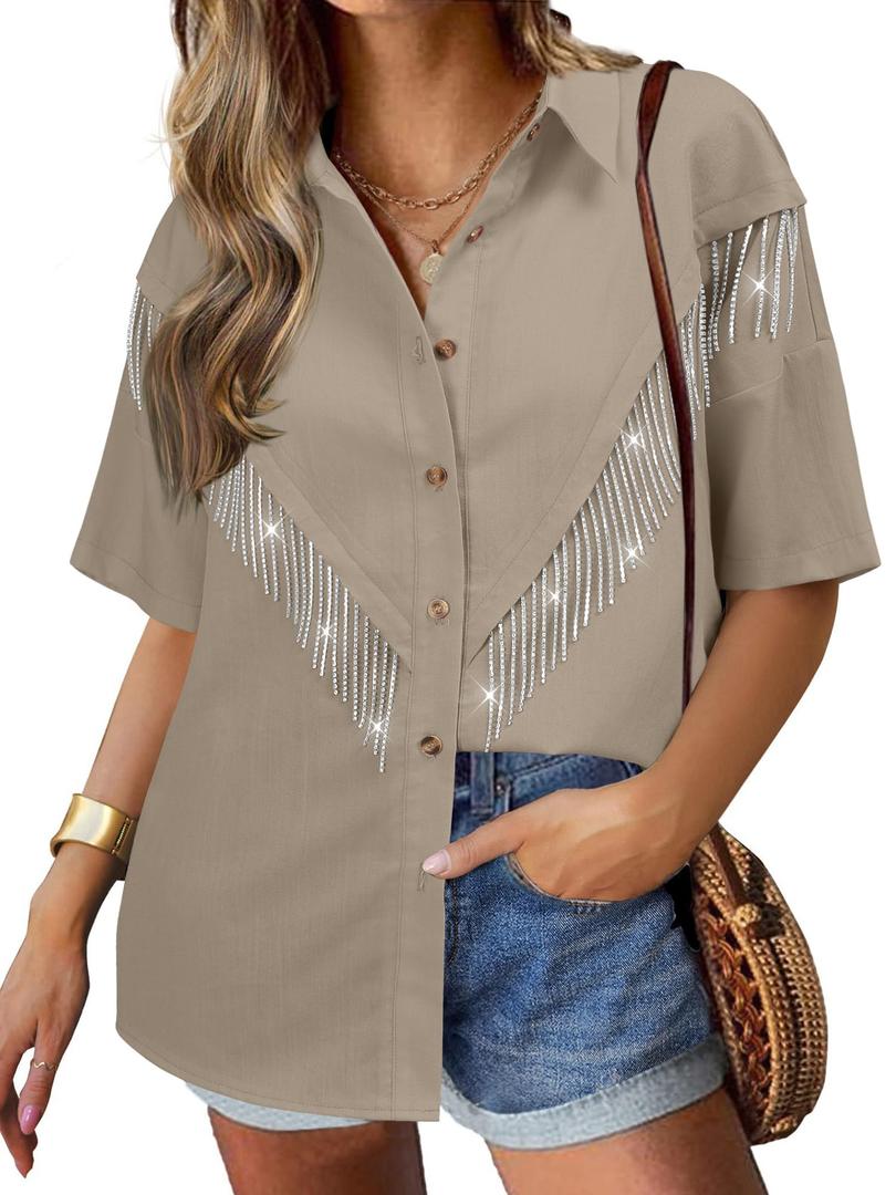 Nlife Women's Sparkly Fringe V Shaped Western Cowgril Button Down Shirt (Beige)