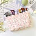 Aesthetic Makeup Bag Cotton, Quilted Floral Make up Bags, Travel Toiletry Bag Women, Daily Use Cosmetic Bags for Girls, Pink Makeup Bag for Purse, Cosmetics Organizer Pouch (Pink)