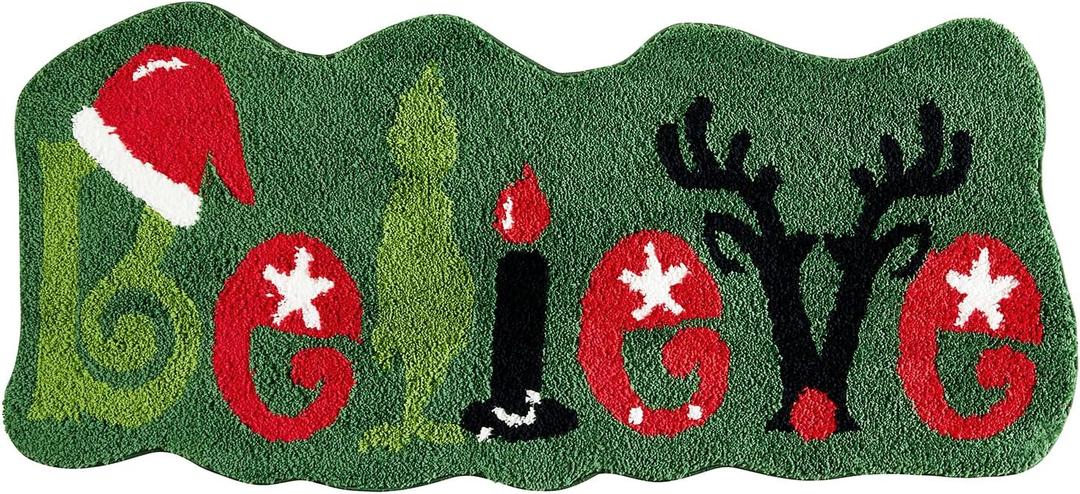 Cute Believe Christmas Runner Rug, 2x4.3 Christmas Throw Rugs for Bathroom Green Red Extra Long Bath Mat Washable, Festive Seasonal Kitchen Indoor Entryway Runner Rugs Bedroom Accent Floor Rug